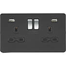 Knightsbridge  13A 2-Gang SP Switched Socket + 2.4A 2-Outlet Type A USB Charger Matt Black with Black Inserts