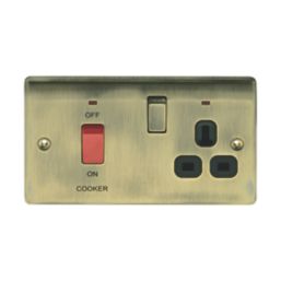 British General Nexus Metal 45A 2-Gang DP Cooker Switch & 13A DP Switched Socket Antique Brass with LED with Black Inserts