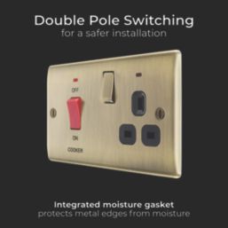 British General Nexus Metal 45A 2-Gang DP Cooker Switch & 13A DP Switched Socket Antique Brass with LED with Black Inserts