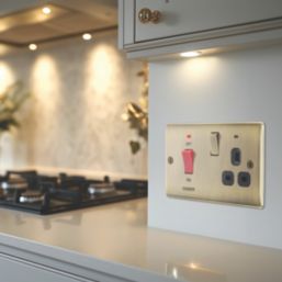 British General Nexus Metal 45A 2-Gang DP Cooker Switch & 13A DP Switched Socket Antique Brass with LED with Black Inserts