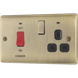 British General Nexus Metal 45A 2-Gang DP Cooker Switch & 13A DP Switched Socket Antique Brass with LED with Black Inserts