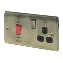 British General Nexus Metal 45A 2-Gang DP Cooker Switch & 13A DP Switched Socket Antique Brass with LED with Black Inserts