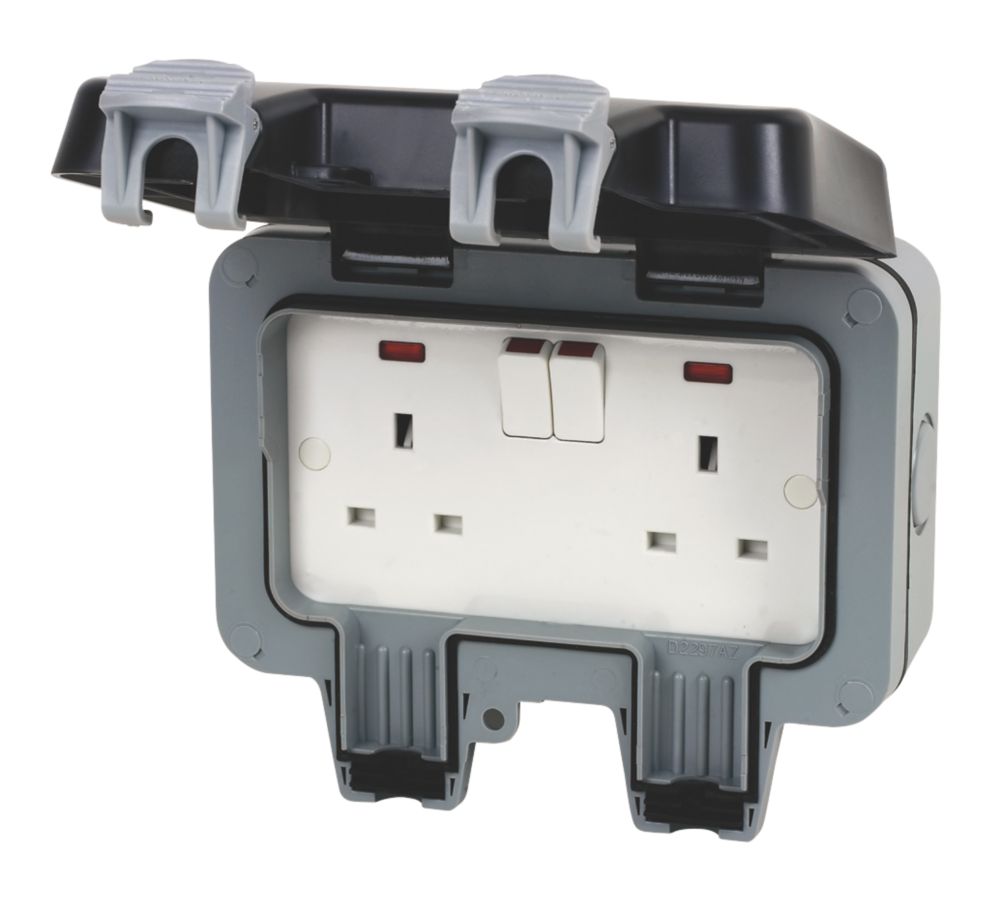 British General IP66 13A 2-Gang DP Weatherproof Outdoor Switched Socket -  Screwfix