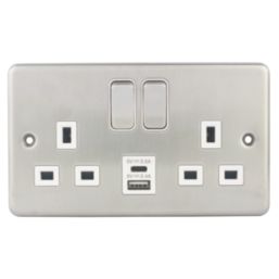 Hager Sollysta WRSS82BSW-USBAC 13A 2-Gang 2P+E Switched Socket + 3.1A 15.5W 2-Outlet Type A & C USB Charger Brushed Steel with White Inserts