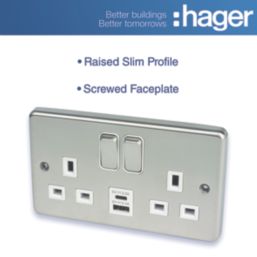 Hager Sollysta WRSS82BSW-USBAC 13A 2-Gang 2P+E Switched Socket + 3.1A 15.5W 2-Outlet Type A & C USB Charger Brushed Steel with White Inserts