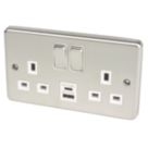 Hager Sollysta WRSS82BSW-USBAC 13A 2-Gang 2P+E Switched Socket + 3.1A 15.5W 2-Outlet Type A & C USB Charger Brushed Steel with White Inserts