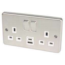 Hager Sollysta WRSS82BSW-USBAC 13A 2-Gang 2P+E Switched Socket + 3.1A 15.5W 2-Outlet Type A & C USB Charger Brushed Steel with White Inserts