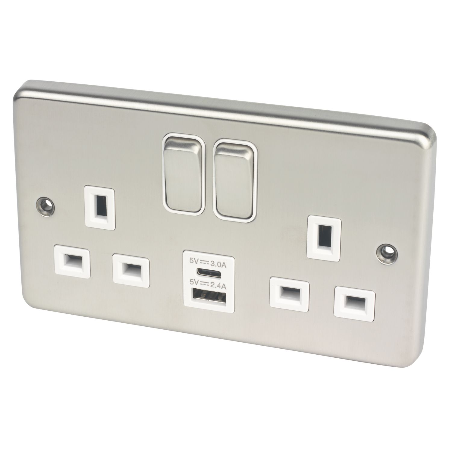 Hager Sollysta WRSS82BSW-USBAC 13A 2-Gang 2P+E Switched Socket + 3.1A 15.5W 2-Outlet Type A & C USB Charger Brushed Steel with White Inserts (679AM)