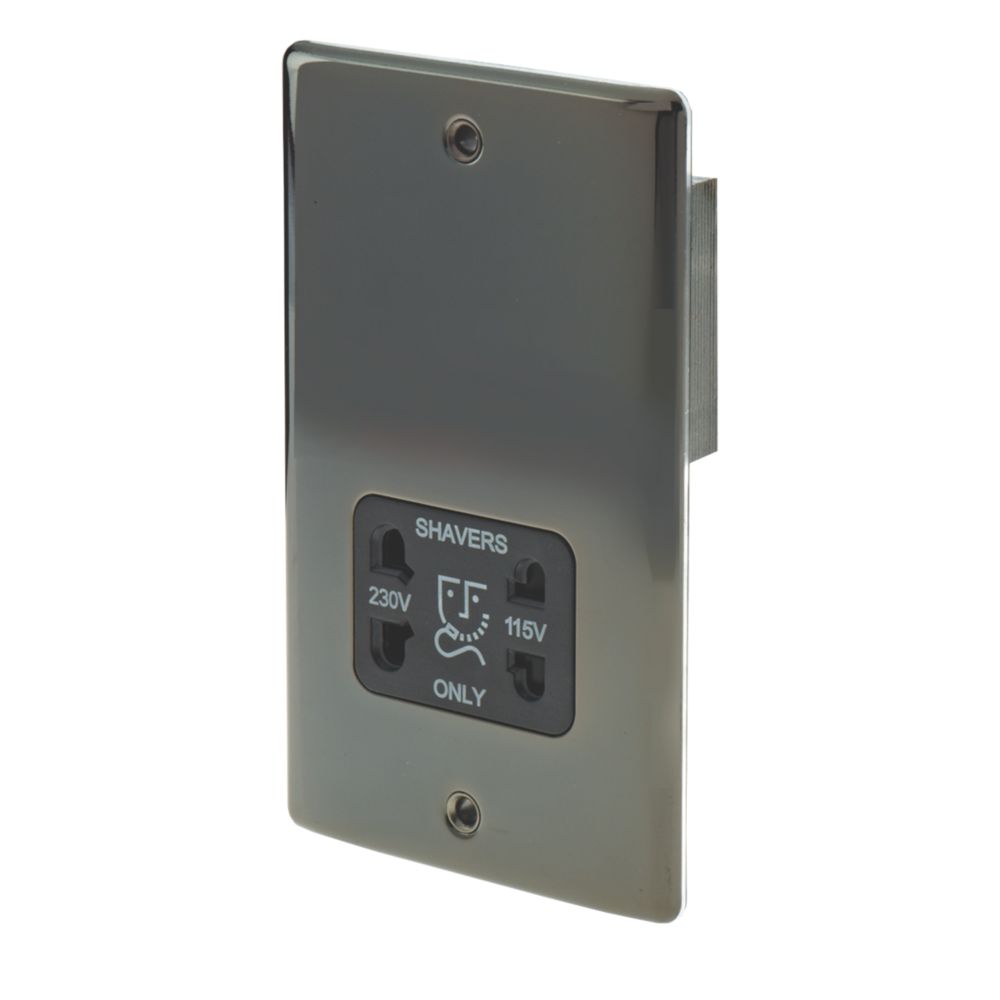 British General Nexus Metal 2-Gang Dual Voltage Shaver Socket 115 / 240V Black Nickel with Black Inserts