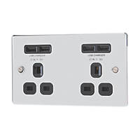 LAP  13A 2-Gang Unswitched Socket + 4.2A 4-Outlet Type A USB Charger Polished Chrome with Black Inserts