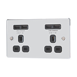 LAP  13A 2-Gang Unswitched Socket + 4.2A 10.5W 4-Outlet Type A USB Charger Polished Chrome with Black Inserts