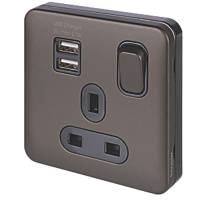 Schneider Electric Lisse Deco 13A 1-Gang SP Switched Socket + 2.1A 2-Outlet Type A USB Charger Mocha Bronze with Black Inserts