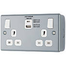 British General  13A 2-Gang SP Switched Metal Clad Socket + 4.2A 15W 2-Outlet Type A & C USB Charger with White Inserts