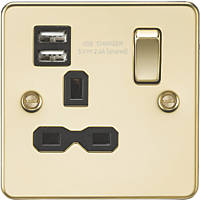 Knightsbridge FPR9124PB 13A 1-Gang SP Switched Socket + 2.4A 2-Outlet Type A USB Charger Polished Brass with Black Inserts