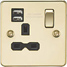 Knightsbridge  13A 1-Gang SP Switched Socket + 2.4A 2-Outlet Type A USB Charger Polished Brass with Black Inserts