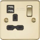 Knightsbridge  13A 1-Gang SP Switched Socket + 2.4A 12W 2-Outlet Type A USB Charger Polished Brass with Black Inserts