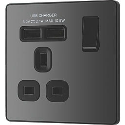 British General Evolve 13A 1-Gang SP Switched Socket + 2.1A 2-Outlet Type A USB Charger Black with Black Inserts
