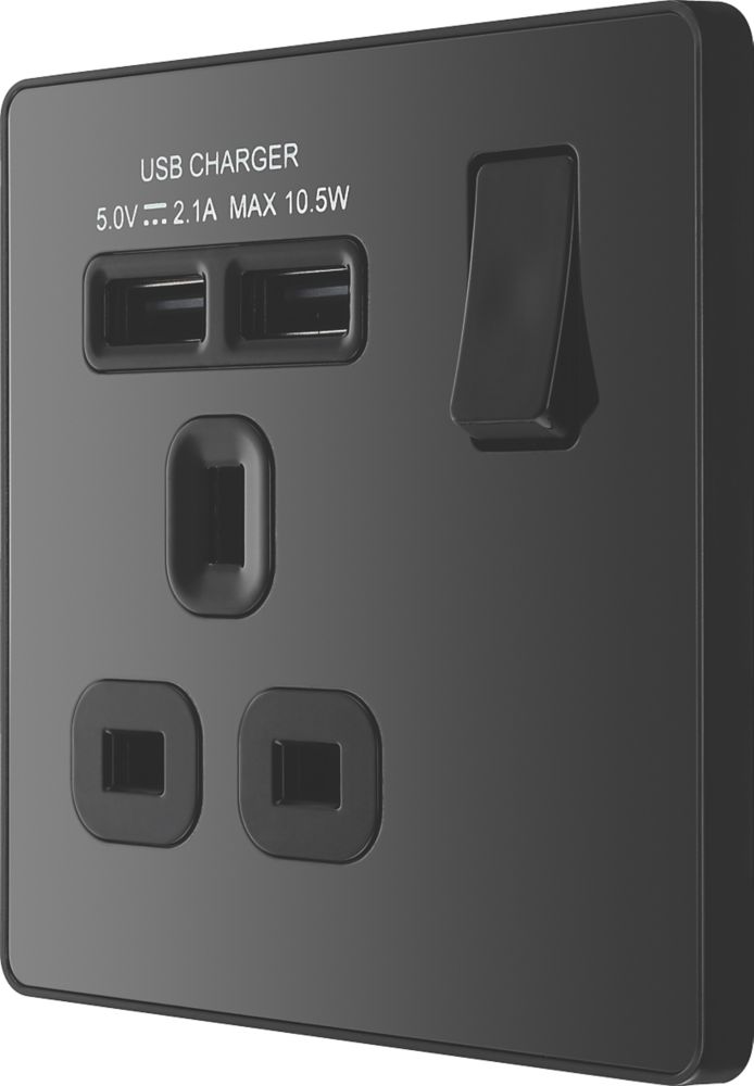 British General Evolve 13A 1-Gang SP Switched Socket + 2.1A 10.5W 2-Outlet Type A USB Charger Black Chrome with Black Inserts