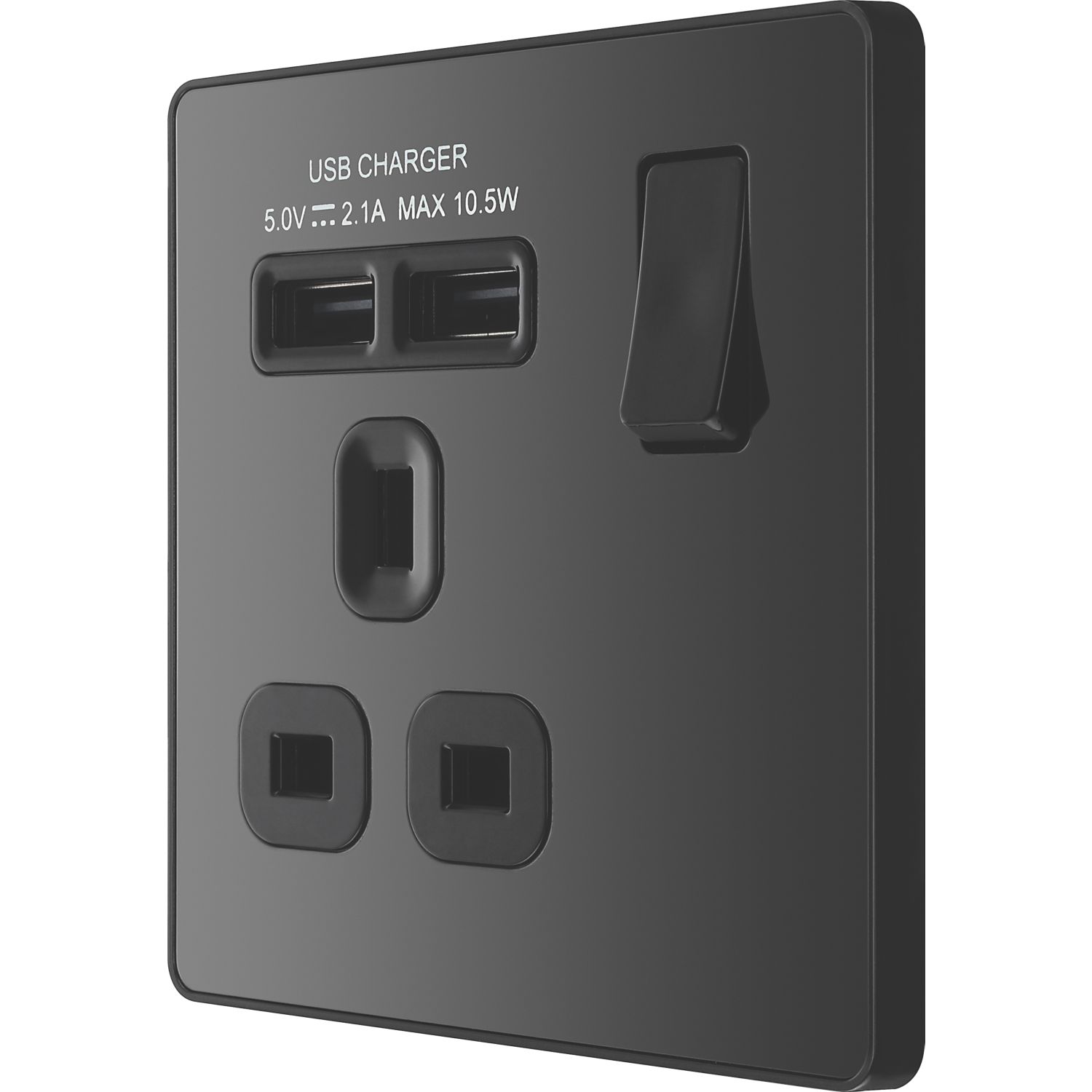 British General Evolve 13A 1-Gang SP Switched Socket + 2.1A 10.5W 2-Outlet Type A USB Charger Black Chrome with Black Inserts (683RF)
