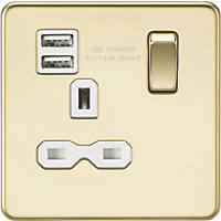 Knightsbridge SFR9124PBW 13A 1-Gang SP Switched Socket + 2.4A 2-Outlet Type A USB Charger Polished Brass with White Inserts