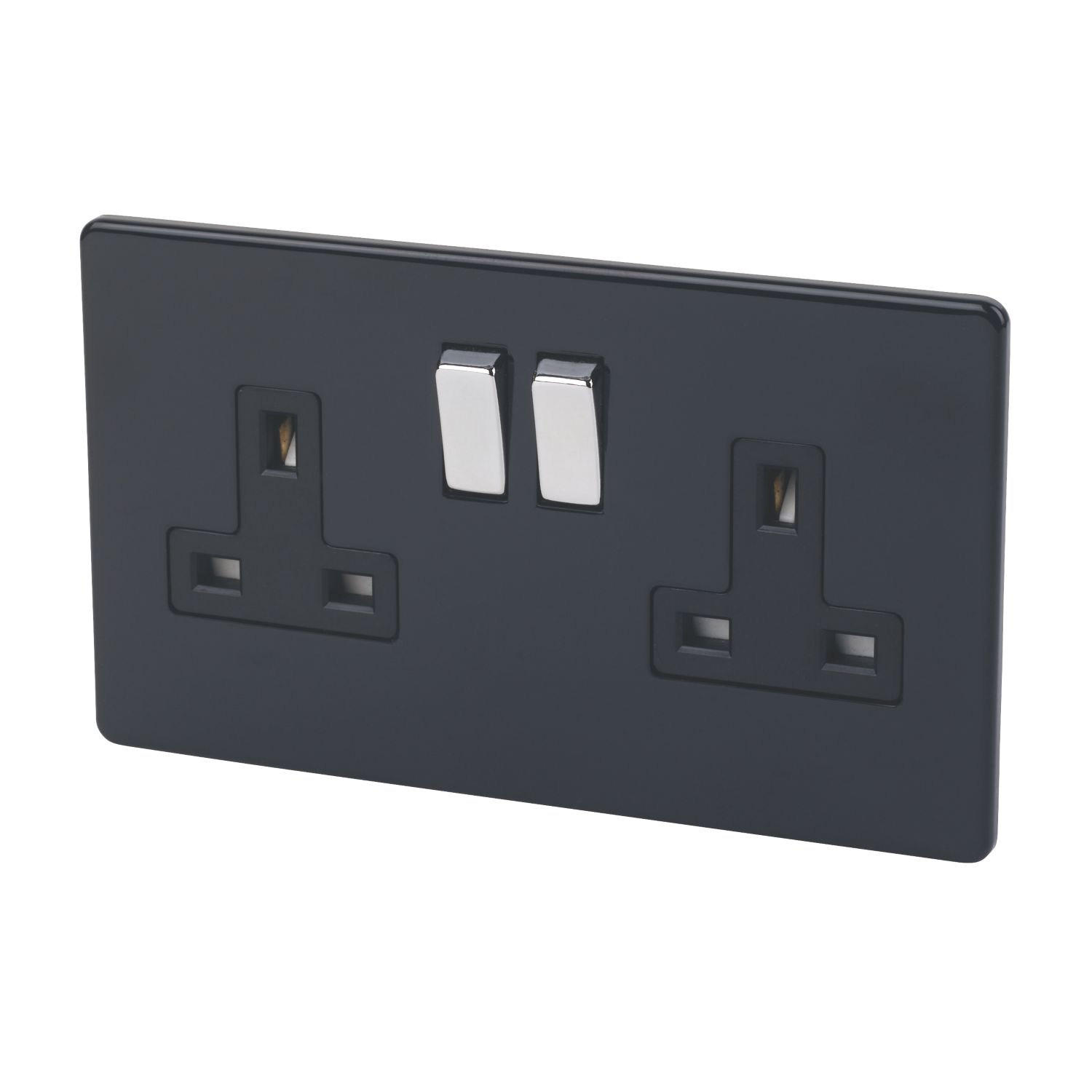 Varilight 13AX 2-Gang DP Switched Plug Socket Jet Black with Black Inserts (68626)