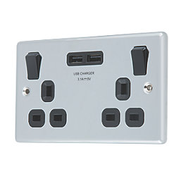 LAP  13A 2-Gang SP Switched Socket + 3.1A 2-Outlet Type A USB Charger Polished Chrome with Black Inserts