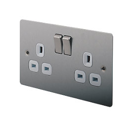 LAP  13A 2-Gang DP Switched Plug Socket Brushed Stainless Steel  with White Inserts 5 Pack