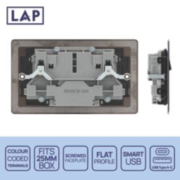 LAP  13A 2-Gang SP Switched Socket + 2.4A 12W 2-Outlet Type A & C USB Charger Black Nickel with Black Inserts