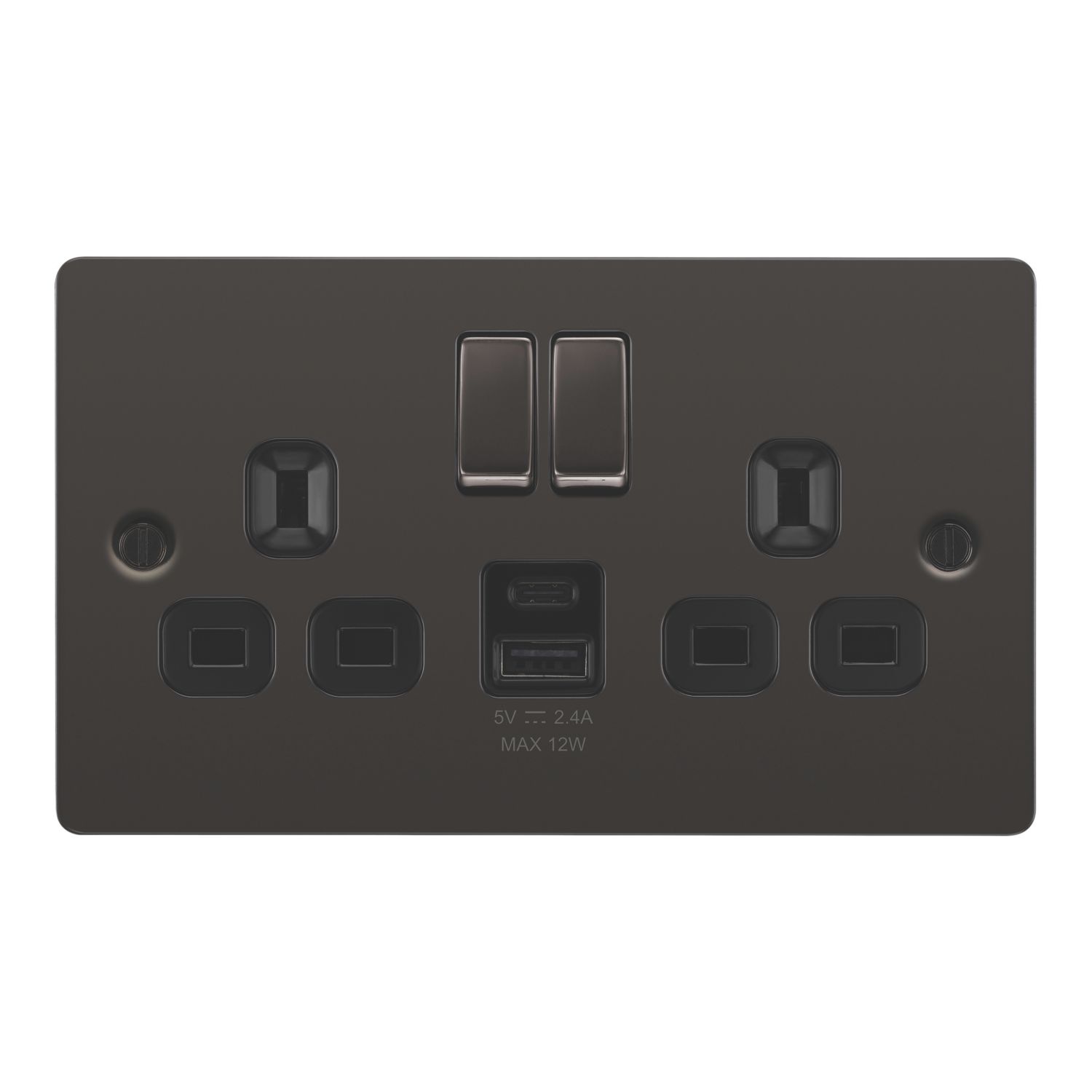 LAP 13A 2-Gang SP Switched Socket + 2.4A 12W 2-Outlet Type A & C USB Charger Black Nickel with Black Inserts (688PN)