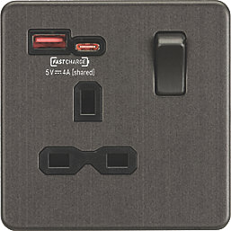 Knightsbridge  13A 1-Gang SP Switched Socket + 4.0A 2-Outlet Type A & C USB Charger Smoked Bronze with Black Inserts