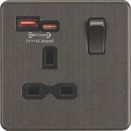 Knightsbridge  13A 1-Gang SP Switched Socket + 4.0A 18W 2-Outlet Type A & C USB Charger Smoked Bronze with Black Inserts
