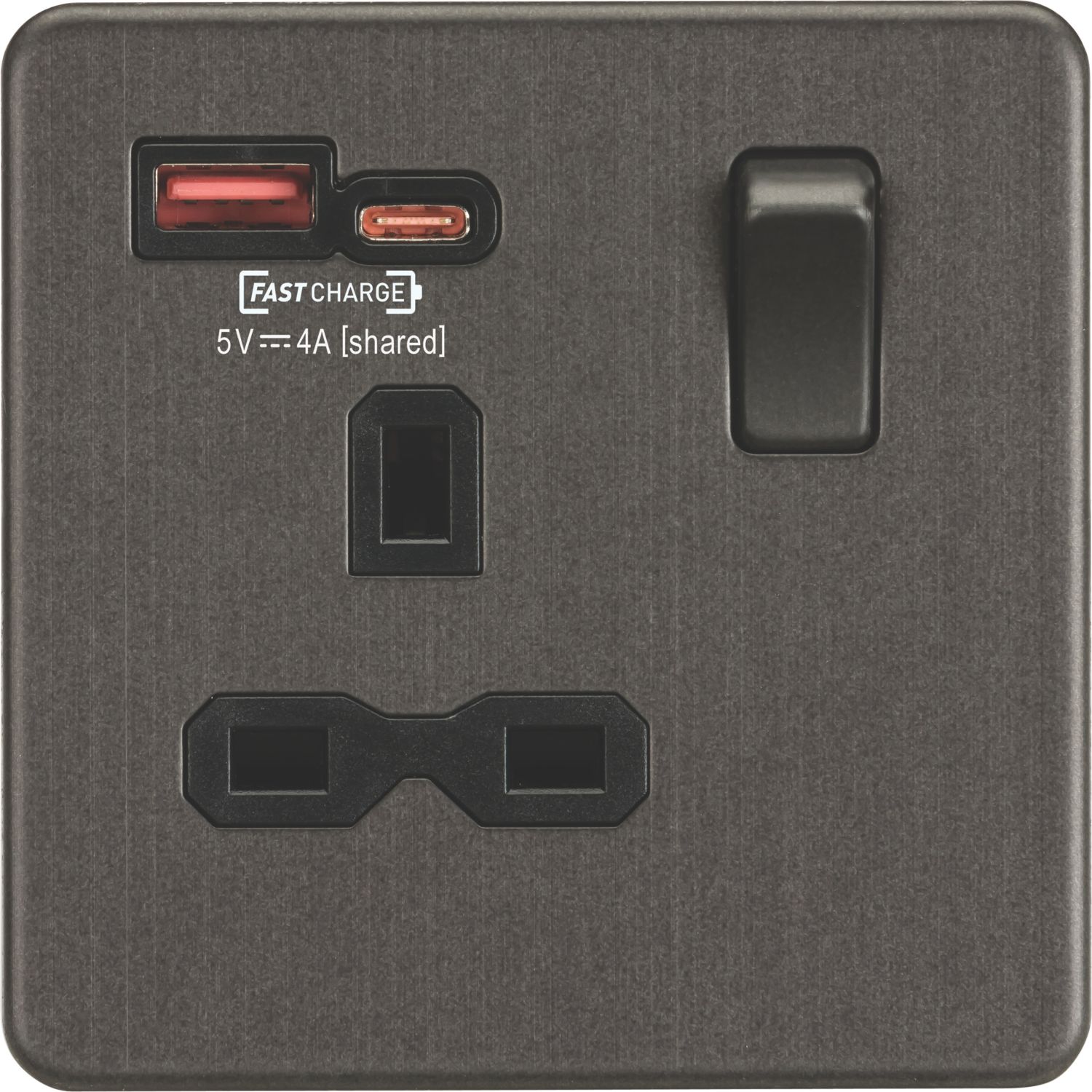 Knightsbridge 13A 1-Gang SP Switched Socket + 4.0A 18W 2-Outlet Type A & C USB Charger Smoked Bronze with Black Inserts (688TY)