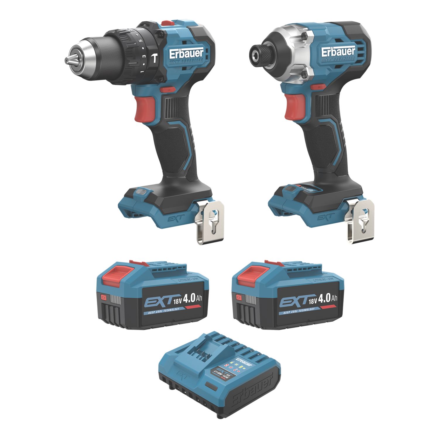 Erbauer ERI1092COM ERI1093IPD 18V 2 x 4.0Ah Li-Ion EXT Brushless Cordless Combi Drill & Impact Driver Twin Pack (688YM)