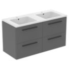 Ideal Standard i.life B Wall Hung Vanity Unit with Black Handles & Double Basin Matt Quartz Grey 1200mm x 505mm x 630mm