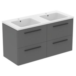 Ideal Standard i.life B Wall Hung Vanity Unit with Black Handles & Double Basin Matt Quartz Grey 1200mm x 505mm x 630mm