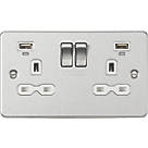 Knightsbridge FPR9904NBCW 13A 2-Gang SP Switched Socket + 2.4A 2-Outlet Type A USB Charger Brushed Chrome with White Inserts