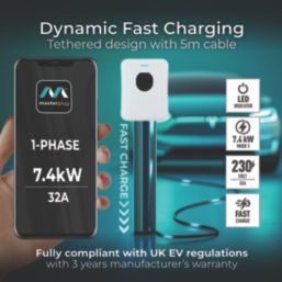 Masterplug  1 Port 7.4kW  Mode 3 Type 2 Plug Tethered Smart EV Charger with 5m Cable White