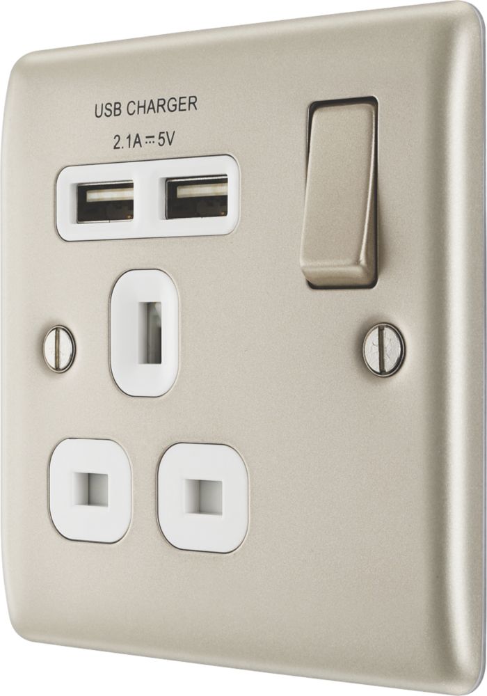 British General Nexus Metal 13A 1-Gang SP Switched Socket + 2.1A 10.5W 2-Outlet Type A USB Charger Pearl Nickel with White Inserts