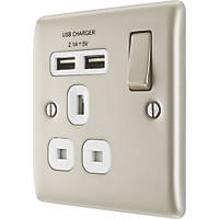 British General Nexus Metal 13A 1-Gang SP Switched Socket + 2.1A 2-Outlet Type A USB Charger Pearl Nickel with White Inserts