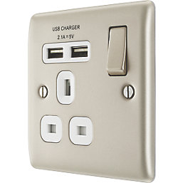 British General Nexus Metal 13A 1-Gang SP Switched Socket + 2.1A 2-Outlet Type A USB Charger Pearl Nickel with White Inserts