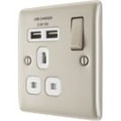British General Nexus Metal 13A 1-Gang SP Switched Socket + 2.1A 10.5W 2-Outlet Type A USB Charger Pearl Nickel with White Inserts