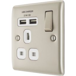 British General Nexus Metal 13A 1-Gang SP Switched Socket + 2.1A 10.5W 2-Outlet Type A USB Charger Pearl Nickel with White Inserts