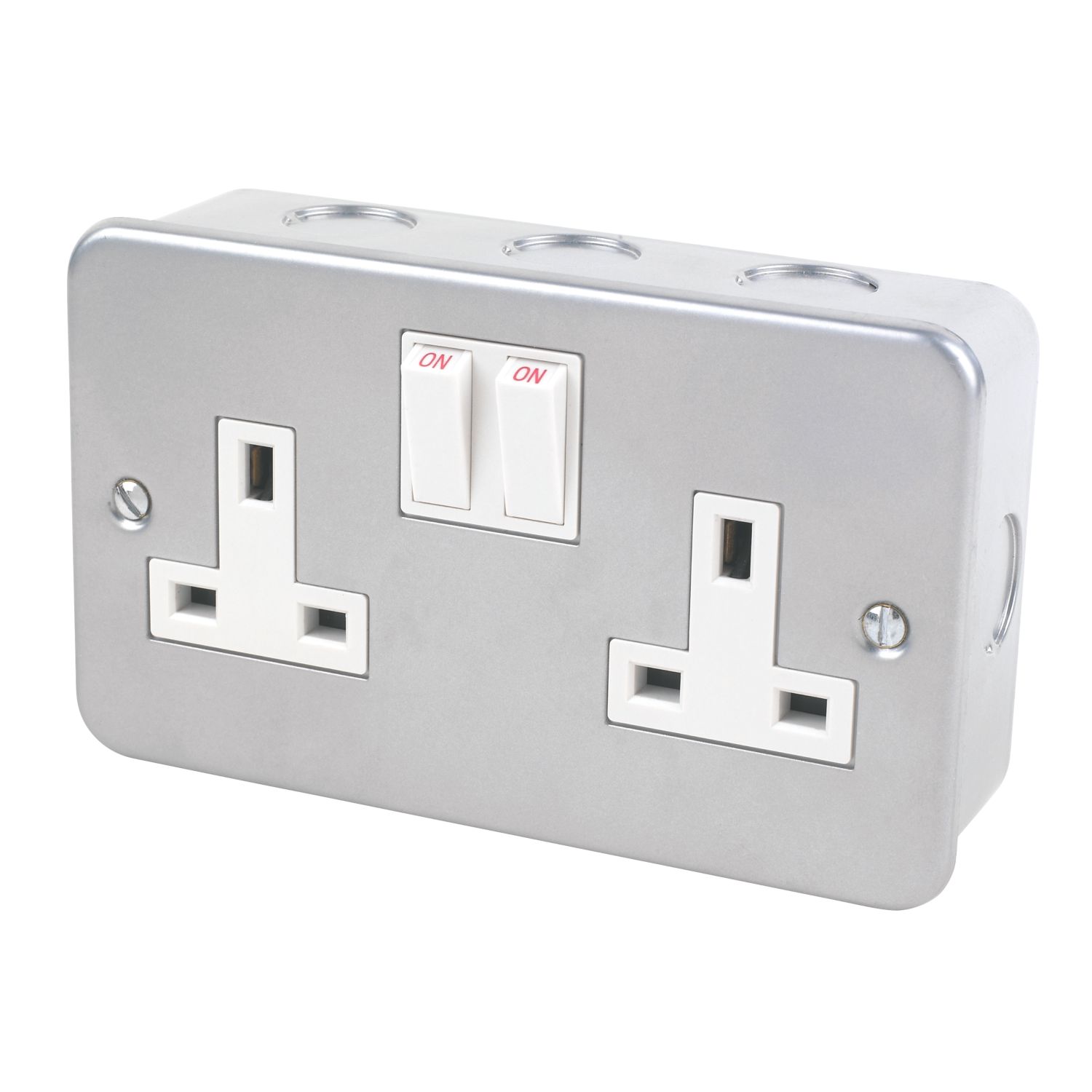 Essentials 13A 2-Gang SP Switched Metal Clad Socket with White Inserts (69127)