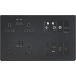 Knightsbridge SFR298MBB 13A 4-Gang DP Combination Plate Matt Black with Black Inserts