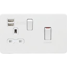 Knightsbridge SFR83UMMW 45 & 13A 1-Gang DP Cooker Switch & 13A DP Switched Socket + 2.4A 2-Outlet Type A USB Charger Matt White  with White Inserts