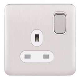 Schneider Electric Lisse Deco 13A 1-Gang DP Switched Plug Socket Brushed Stainless Steel  with White Inserts