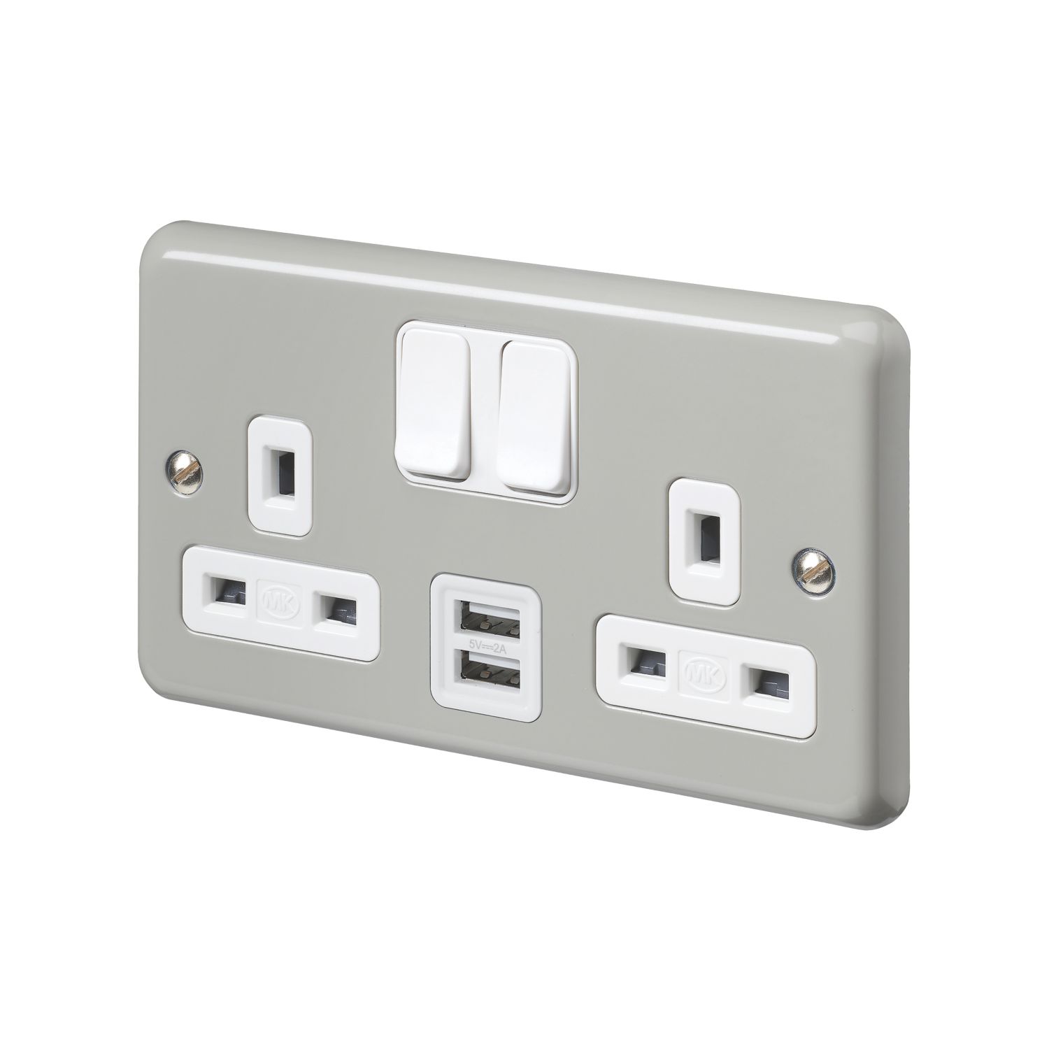 MK Contoura 13A 2-Gang DP Switched Socket + 2A 10.5W 2-Outlet Type A USB Charger Grey with White Inserts (693RG)