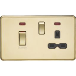Knightsbridge  45A 2-Gang DP Cooker Switch & 13A DP Switched Socket Polished Brass with LED with Black Inserts