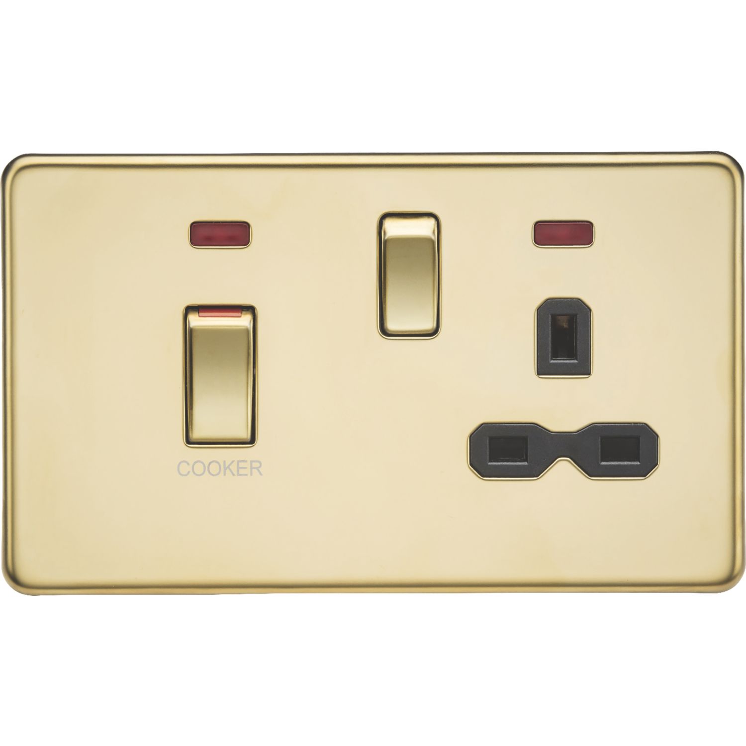 Knightsbridge 45A 2-Gang DP Cooker Switch & 13A DP Switched Socket Polished Brass with LED with Black Inserts (693VR)