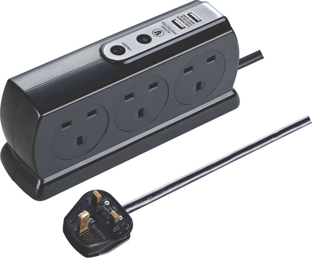 Masterplug 13A 6-Gang Switched Surge-Protected Extension Lead + 3.1A 2-Outlet Type A USB Charger Gloss Black 2m - 5